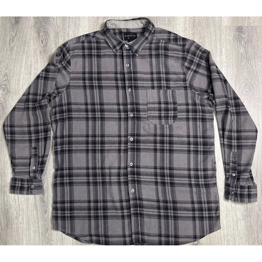 Capsule‎ Plaid Flannel Button Up Mens Size Large Gray Tartan Grunge Y2K Skater